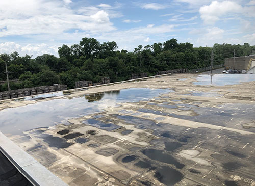 Heavy ponding on dead-level flat roof.